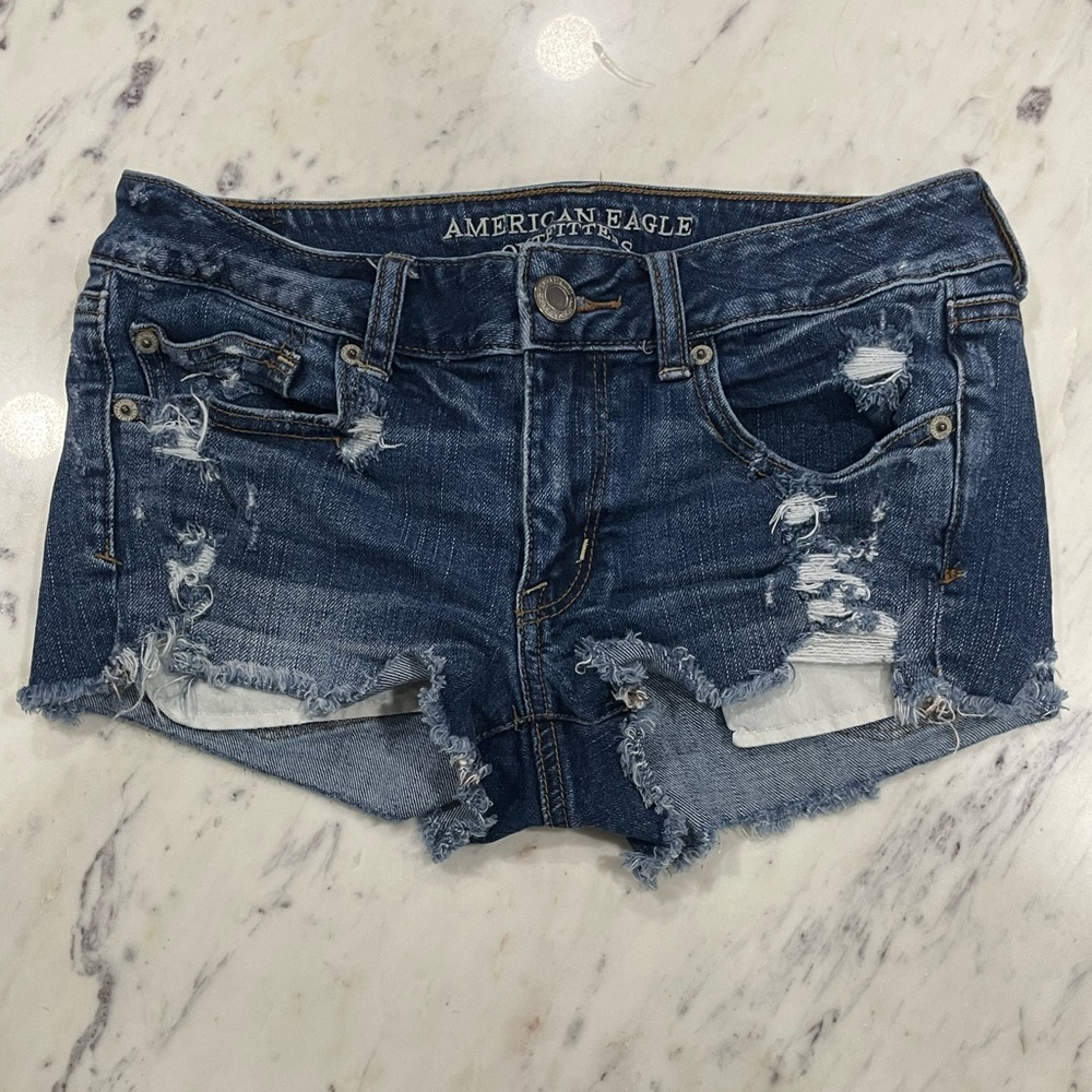 American Eagle Micro Mini Denim Jean Shorts Y2K Stretch Shortie Distressed Sz 6